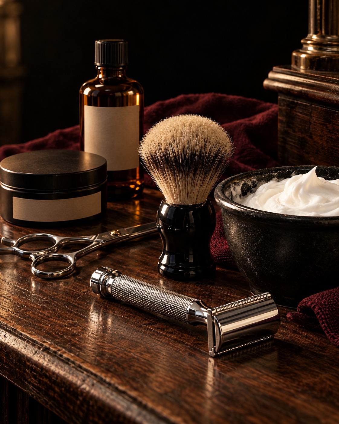 Editorial still life of vintage shaving and grooming tools