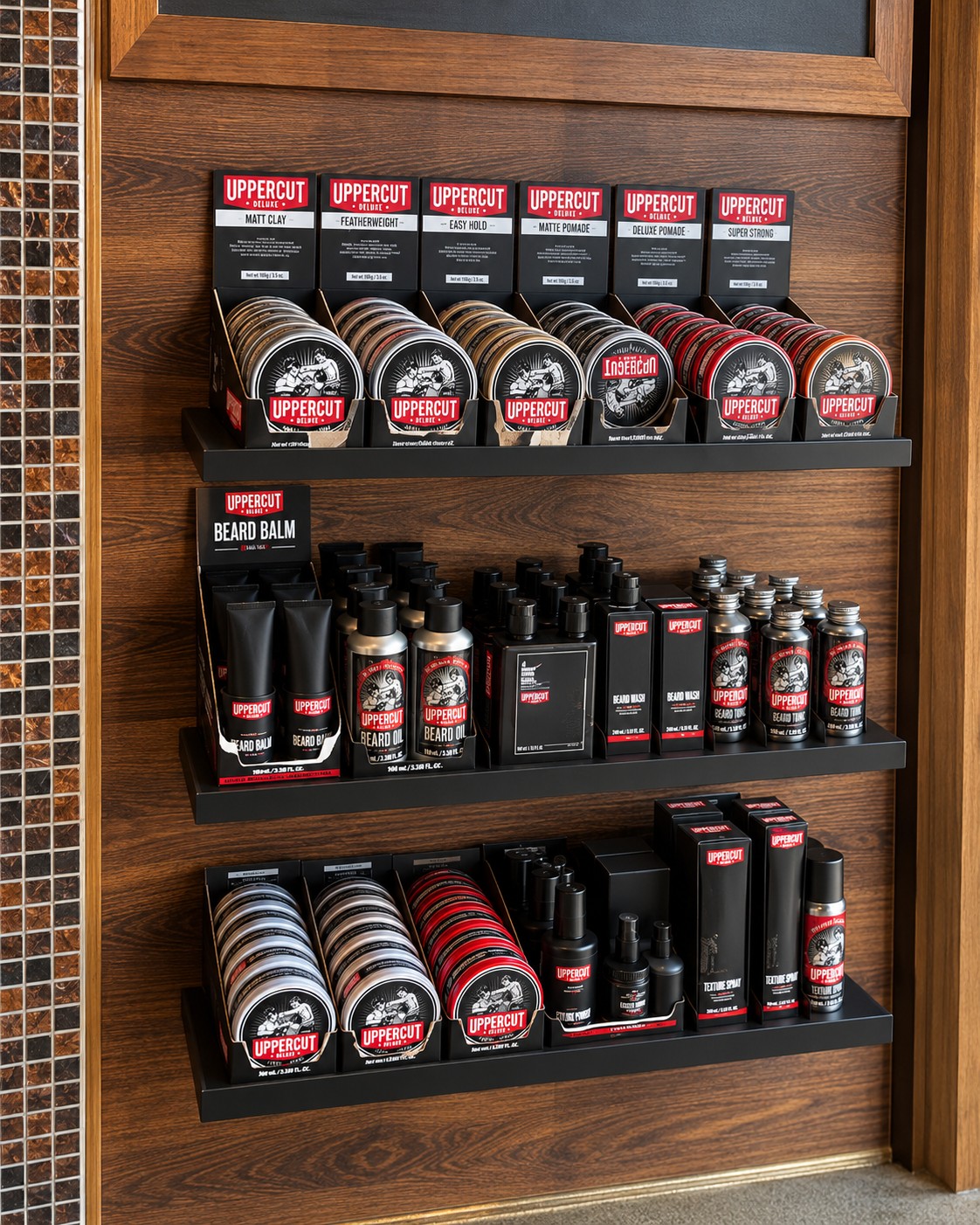 Grooming products on the shelves at Belo’s Barbershop