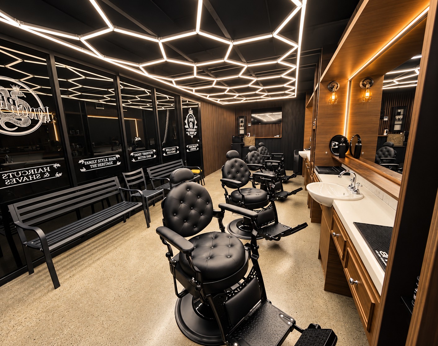 Inside Belo’s Barbershop Ashmore — leather chairs, walnut mirrors and geometric ceiling lights